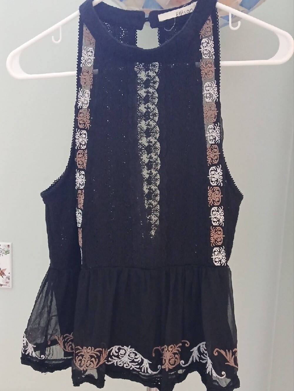 Ellison Black Crochet Lace-Trim Embroidered Peplum Camisole